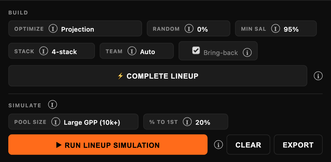 DFSK build panel with stack size, team, and bring-back controls